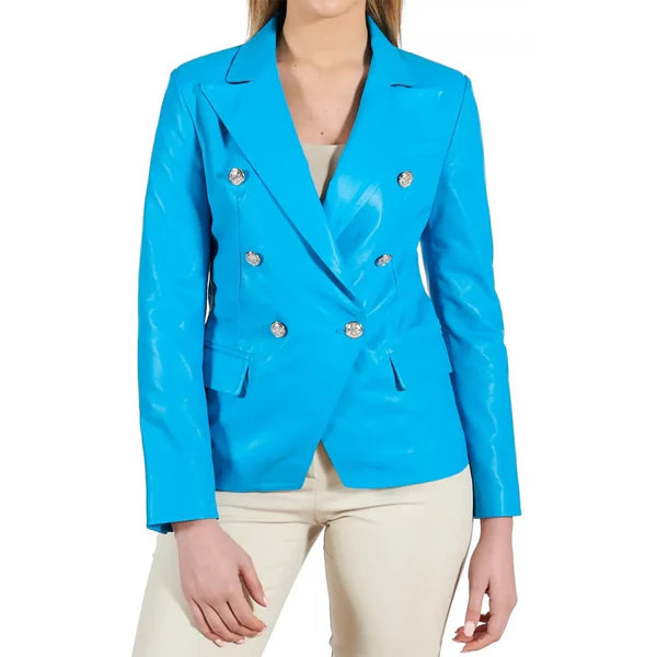Women's Blue Double Breasted Leather Coat-Women Leather Jacket-Premium Leather Store