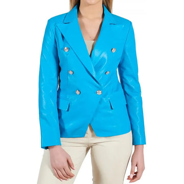 Women's Blue Double Breasted Leather Coat-Women Leather Jacket-Premium Leather Store