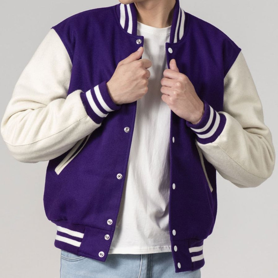 Purple & White Customizable All-Wool Varsity Jacket-Varsity Jackets-Premium Leather Store