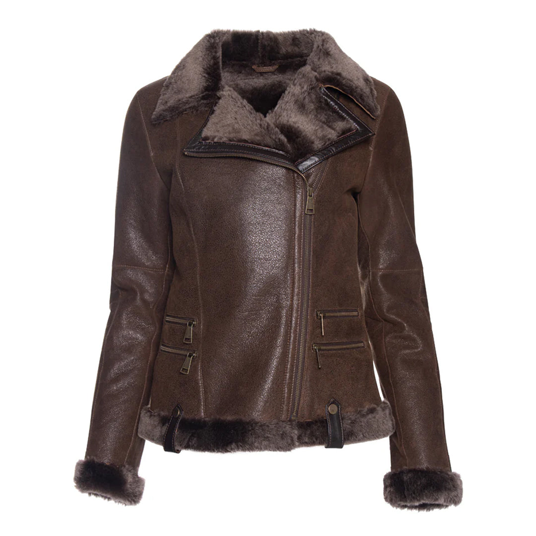 Women's Spanish Merino Faux Shearling Tobacco Leather Jacket-Women Shearling Jacket-Premium Leather Store