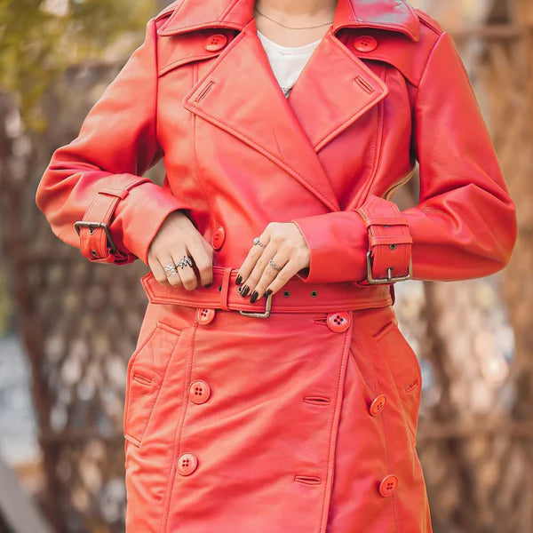 Women's Red Double-Breasted Stylish Leather Trench Coat-Women Leather Coat-Premium Leather Store