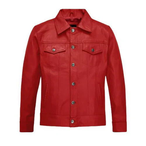 Men's Red Faux Trucker Leather Jacket-Leather Jackets-Premium Leather Store