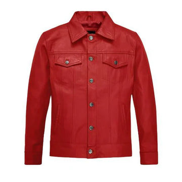 Men's Red Faux Trucker Leather Jacket-Leather Jackets-Premium Leather Store