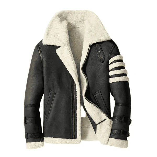 Men's Black & White Faux Shearling B3 Bomber Jacket-Men Shearling Jacket-Premium Leather Store
