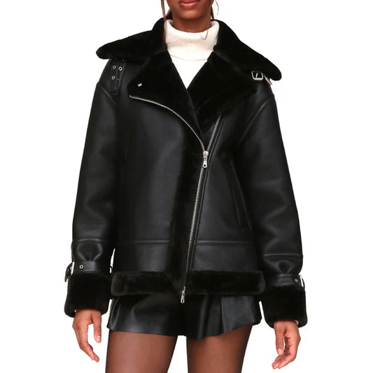 Women's Oversized Faux Shearling Moto Leather Jacket-Women Shearling Jacket-Premium Leather Store