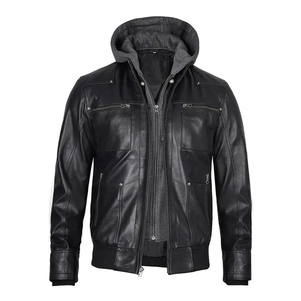 Men's Grey Hoodie Leather Jacket-Leather Jackets-Premium Leather Store