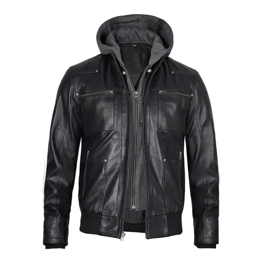 Men's Grey Hoodie Leather Jacket-Leather Jackets-Premium Leather Store