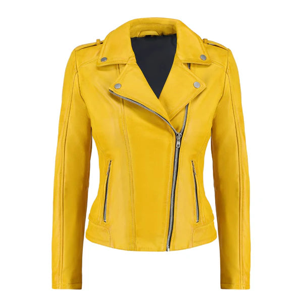Women's Yellow Zip-Up Handwaxed Moto Jacket-Women Biker Jacket-Premium Leather Store