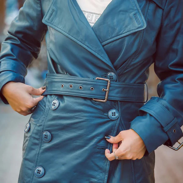 Women's Blue Double-Breasted Classic Leather Trench Coat-Women Leather Coat-Premium Leather Store