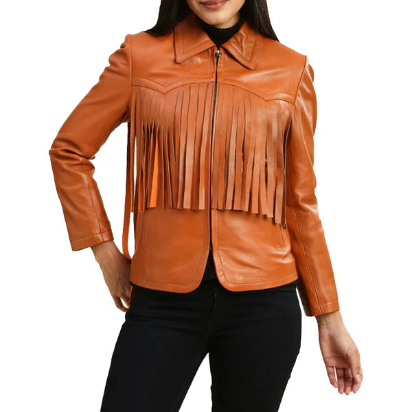 Women's Brown Fringe Leather Jacket-Women Leather Jacket-Premium Leather Store