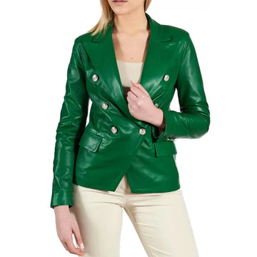 Women's Green Double Breasted Leather Coat-Women Leather Jacket-Premium Leather Store