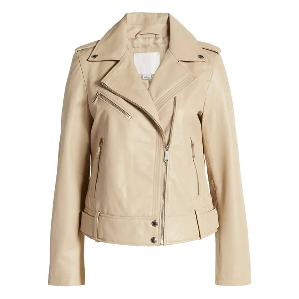 Women's Beige Sam Edelman Moto Leather Jacket-Women Biker Jacket-Premium Leather Store