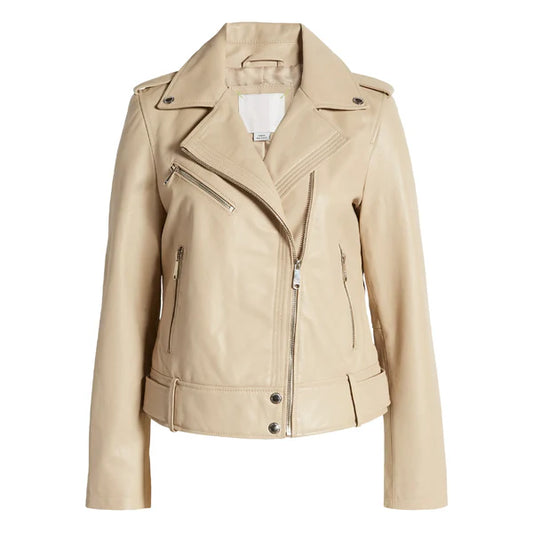 Women's Beige Sam Edelman Moto Leather Jacket-Women Biker Jacket-Premium Leather Store