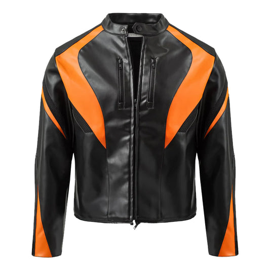 Men's Black Orange Cropped Biker Leather Jacket-Men's Biker Jackets-Premium Leather Store