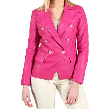 Women's Pink Double Breasted Leather Coat-Women Leather Jacket-Premium Leather Store