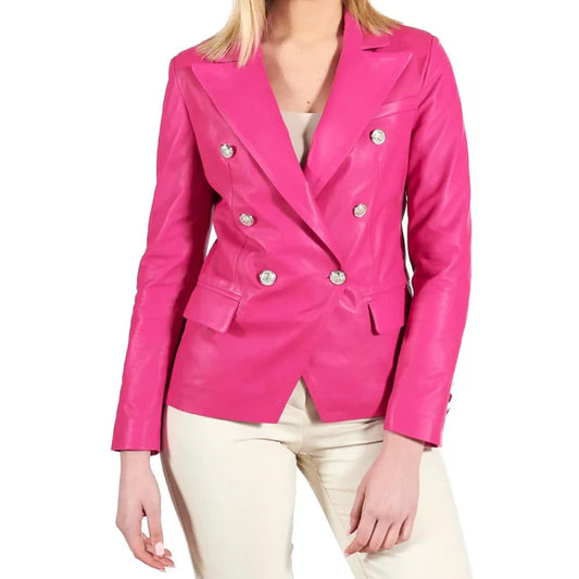 Women's Pink Double Breasted Leather Coat-Women Leather Jacket-Premium Leather Store