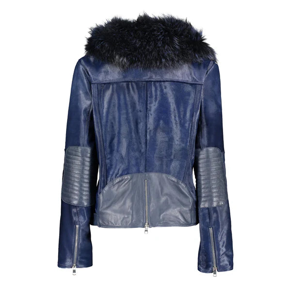 Women's Tara Calf Faux Shearling Blue Fur Leather Jacket-Women Shearling Jacket-Premium Leather Store