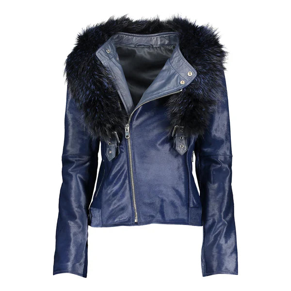 Women's Tara Calf Faux Shearling Blue Fur Leather Jacket-Women Shearling Jacket-Premium Leather Store