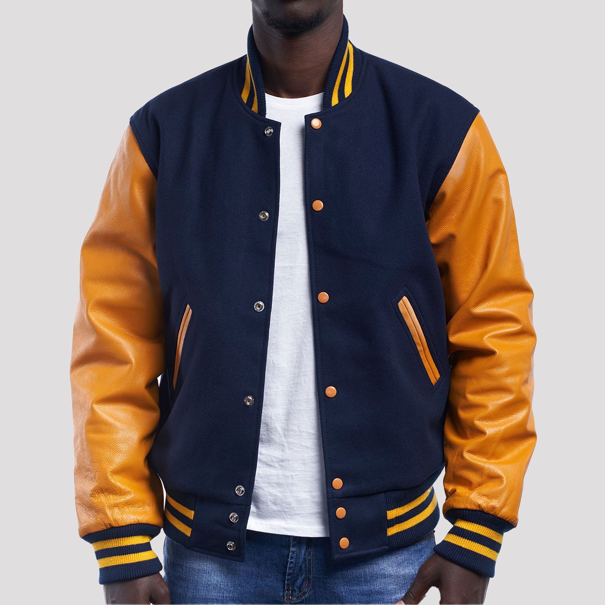 Royal Wool Varsity Jacket with Bright Gold Leather Sleeves-Varsity Jackets-Premium Leather Store