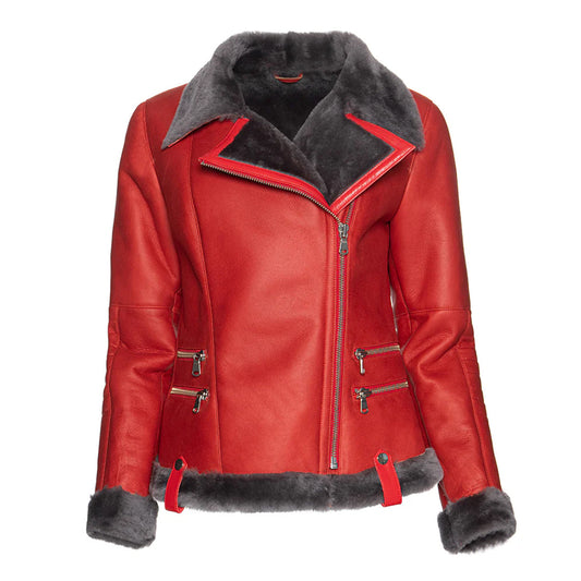 Women's Spanish Merino Faux Shearling Red Leather Jacket-Women Shearling Jacket-Premium Leather Store