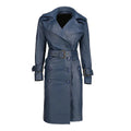 Women's Blue Double-Breasted Classic Leather Trench Coat-Women Leather Coat-Premium Leather Store