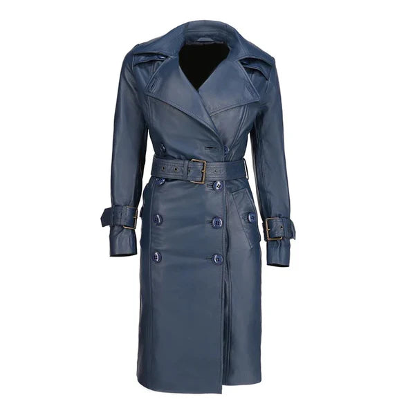Women's Blue Double-Breasted Classic Leather Trench Coat-Women Leather Coat-Premium Leather Store