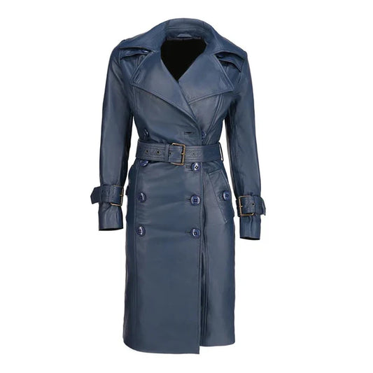 Women's Blue Double-Breasted Classic Leather Trench Coat-Women Leather Coat-Premium Leather Store