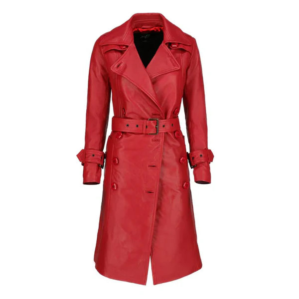 Women's Red Double-Breasted Stylish Leather Trench Coat-Women Leather Coat-Premium Leather Store