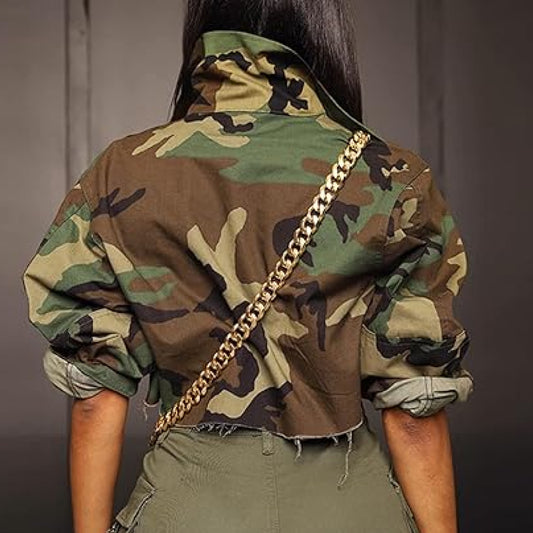 Women’s Cropped Army Fatigue Camo Jacket-Camouflage Jacket-Premium Leather Store