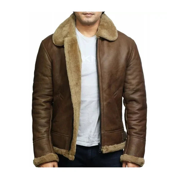 Men's Brown Vintage Faux Shearling Bomber Leather Jacket-Men Shearling Jacket-Premium Leather Store