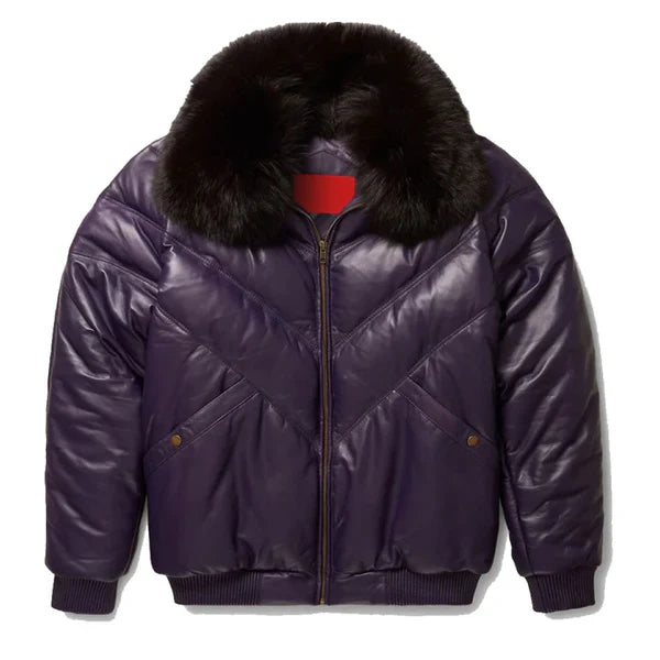 Men's Purple V-Bomber Faux Shearling Leather Jacket-Men Shearling Jacket-Premium Leather Store