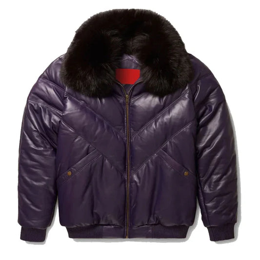 Men's Purple V-Bomber Faux Shearling Leather Jacket-Men Shearling Jacket-Premium Leather Store
