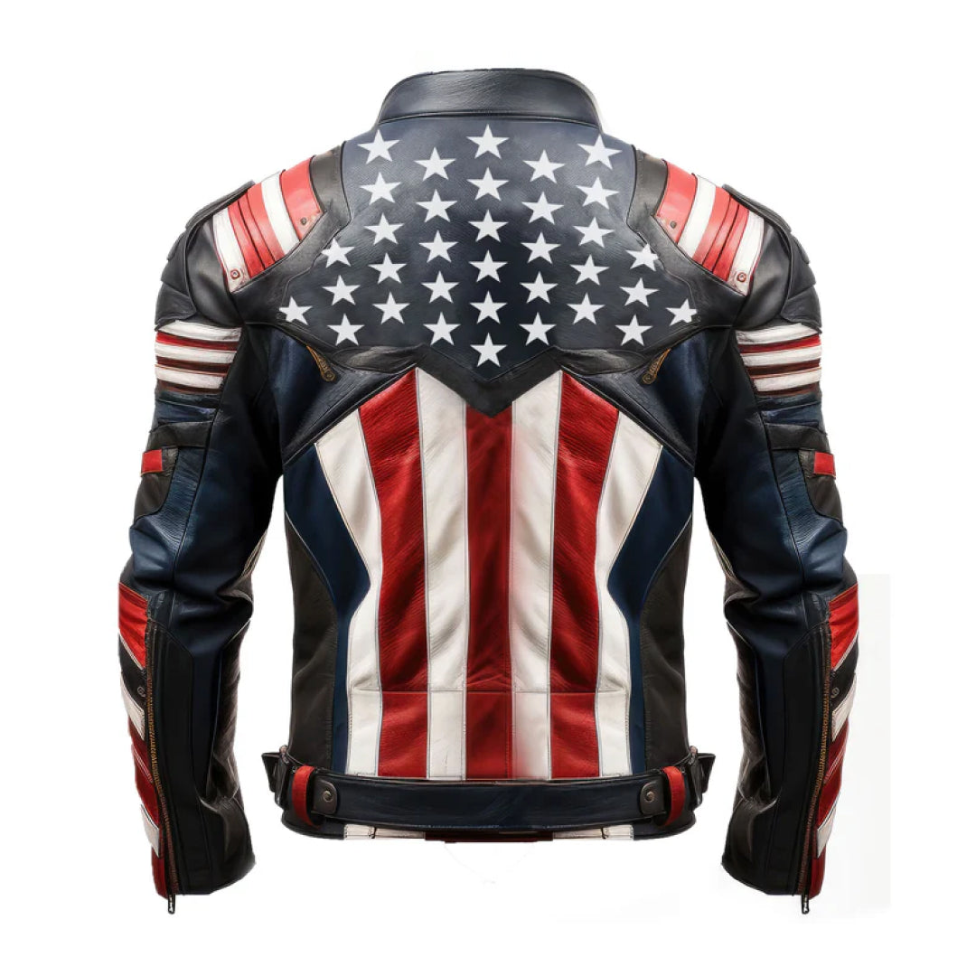 Men's American Flag Zipper Leather Jacket-Men's Biker Jackets-Premium Leather Store