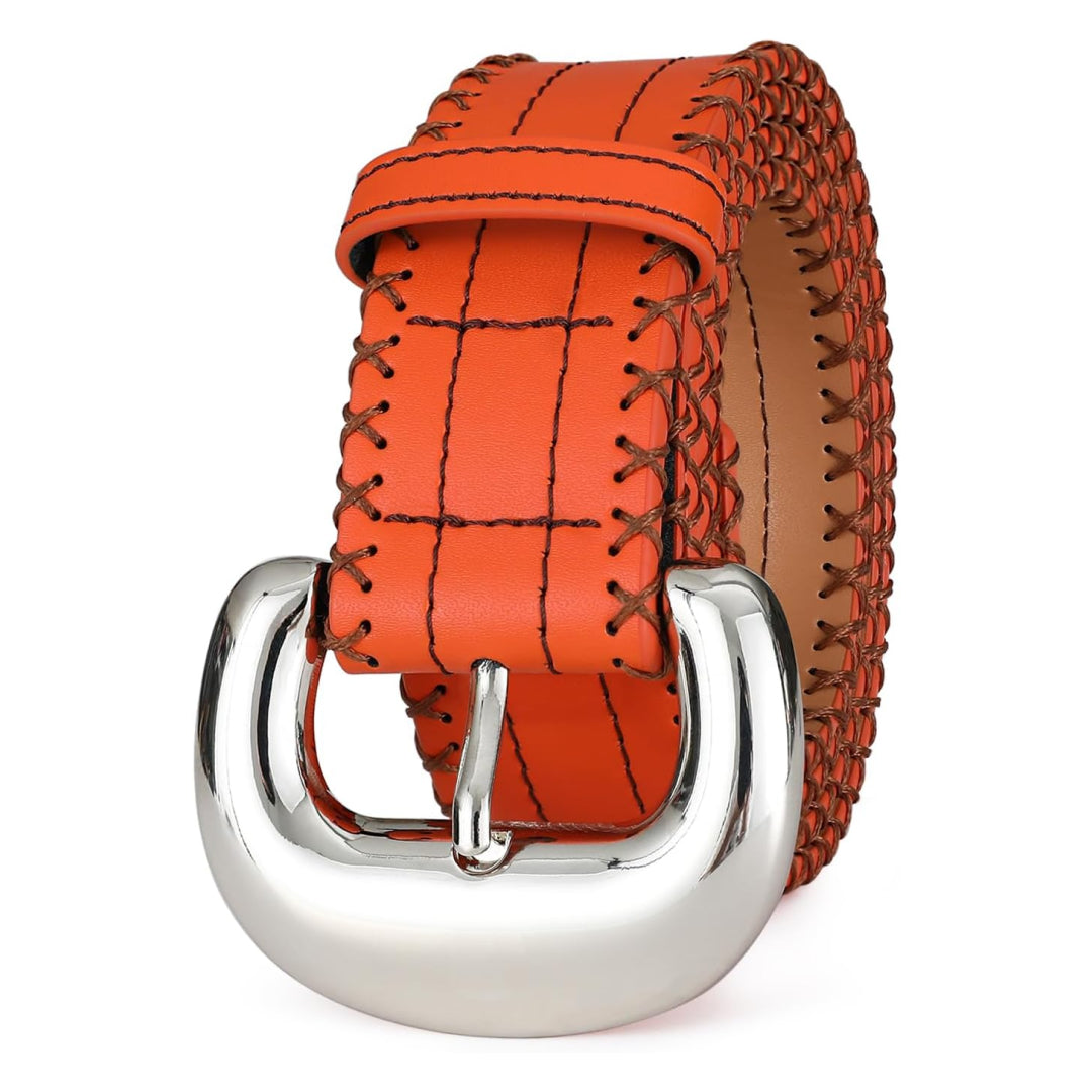 Orange Genuine Leather Belt with Silver Buckle-Women Leather Belts-Premium Leather Store