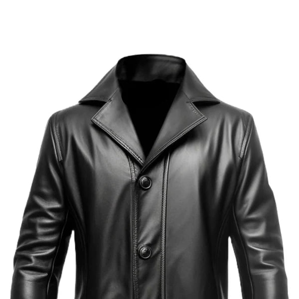 Black Button Closure Long Genuine Leather Coat-Men Leather Coat-Premium Leather Store