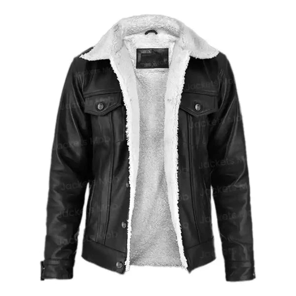 Men's Black Aviator Faux Shearling Leather Jacket-Men Shearling Jacket-Premium Leather Store