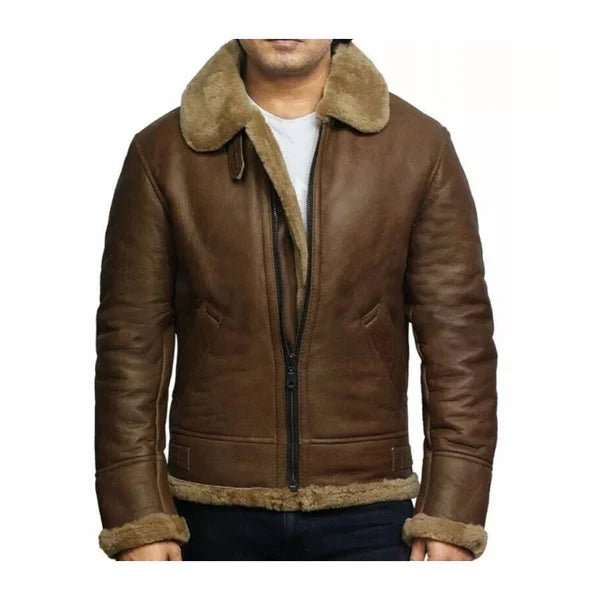 Men's Brown Vintage Faux Shearling Bomber Leather Jacket-Men Shearling Jacket-Premium Leather Store