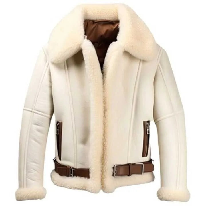Men’s White B3 Faux Shearling Sheep Leather Jacket — Premium Leather Store