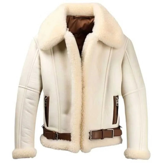 Men’s White B3 Faux Shearling Sheep Leather Jacket — Premium Leather Store