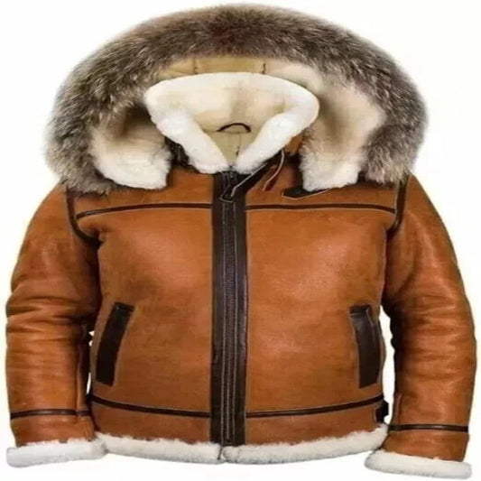 Men's Brown Flight Aviator Shearling Hooded Leather Jacket