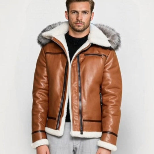 Men's Brown Flight Aviator Shearling Hooded Leather Jacket